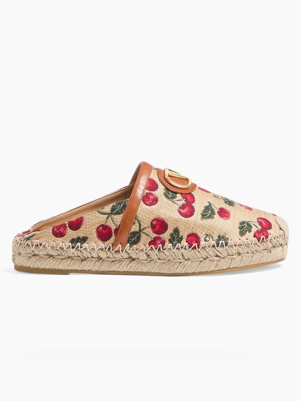 Valentino Garavani Beige Espadrille Mule with Red Cherry Embroidery